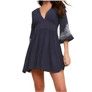 Lulus Isles Dress Embroidered Bell Sleeves Size S Navy Blue